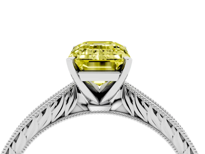 Fancy Yellow Emerald Cut Diamond Solitaire Milgrain Engraved Band Set in Platinum with Prong Setting