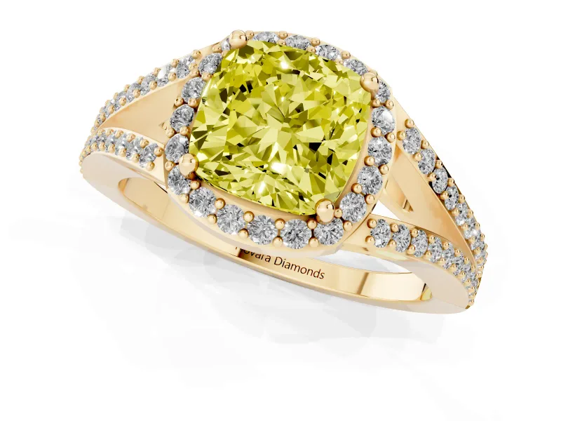 Cushion Cut Halo Engagement Ring Setting for a Fancy Yellow Lab-Grown Diamond | V-Split Pavé Band | Yellow Gold