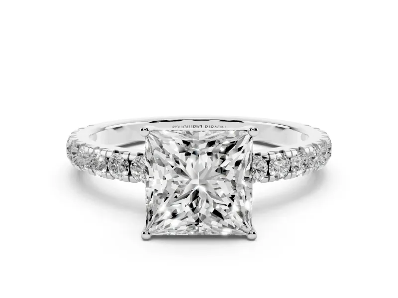 Princess Cut Diamond Pavé Solitaire Engagement Ring Set in Silver with Prong Setting
