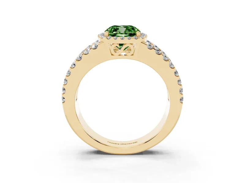 Fancy Green Cushion Cut Diamond Halo Ring Set in Yellow gold with Pavé Split Shank and Prong Setting