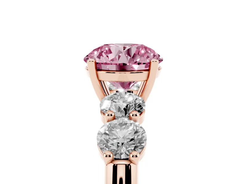 Fancy Pink Round Cut Diamond Five-Stone Prong Set Ring Set in Rose gold with Classic Band