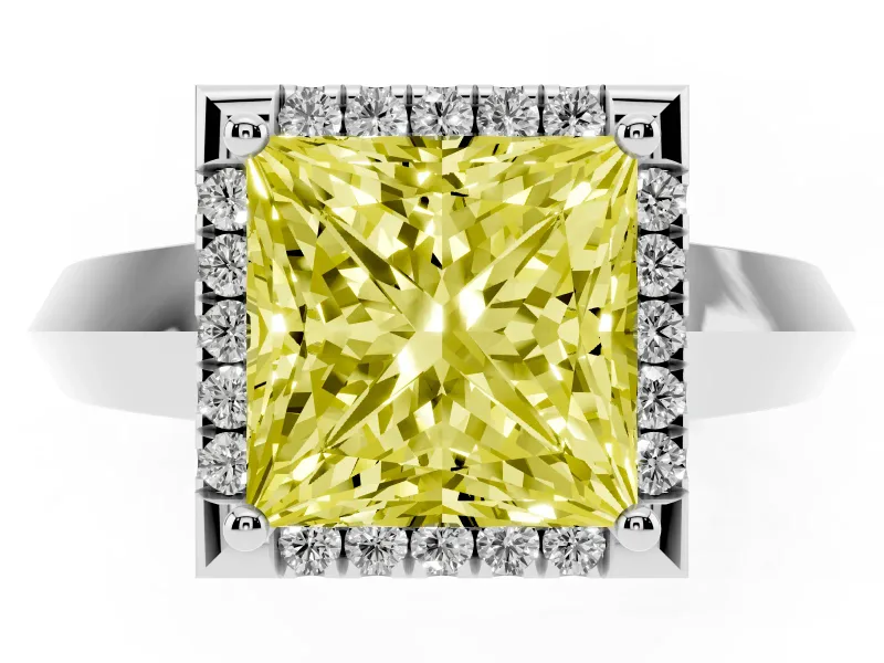 Fancy Yellow Princess Cut Diamond Halo Ring Set in Silver with Cathedral Band and Prong Setting