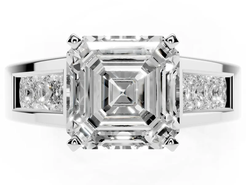Asscher Cut Diamond Solitaire Ring Set in White gold with Channel-Set Accent Stones and Prong Setting