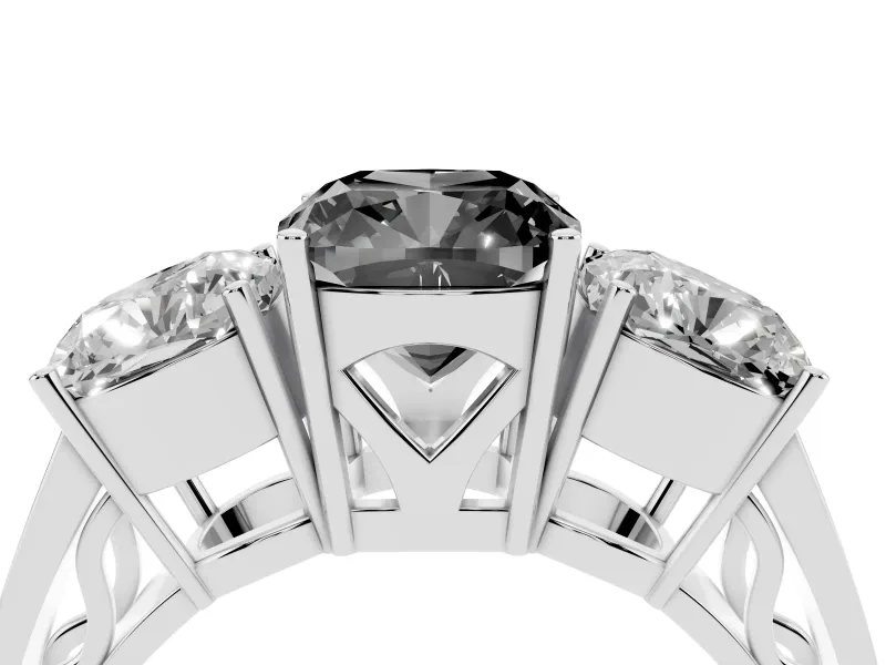 Fancy Black Cushion Cut Diamond Three-Stone Ring Set in White gold with Textured Band