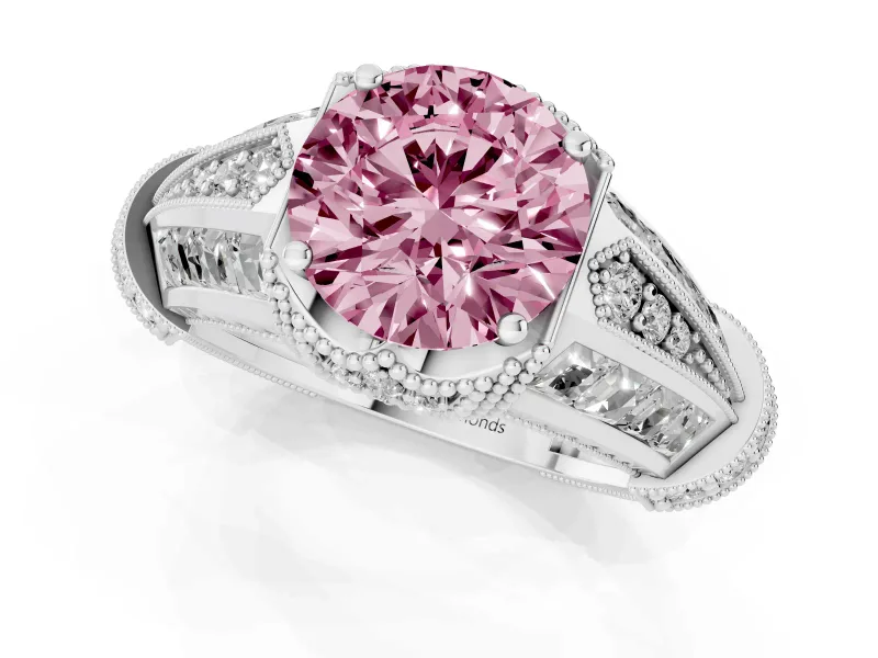Round Vintage Milgrain Engagement Ring Setting for a Fancy Pink Lab-Grown Diamond | Hidden Halo | Platinum