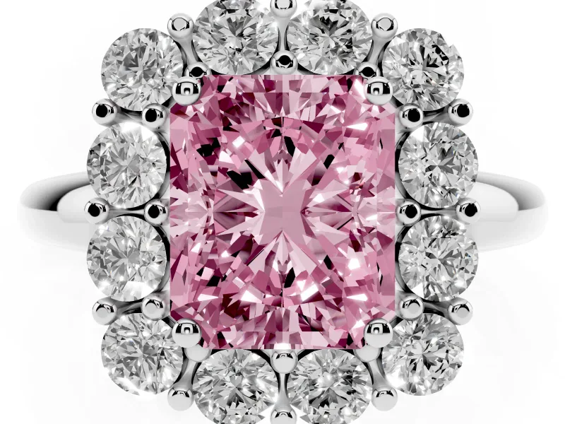 Radiant Cut Cluster Halo Engagement Ring Setting for a Fancy Pink Lab-Grown Diamond | Large Round Accents | Platinum