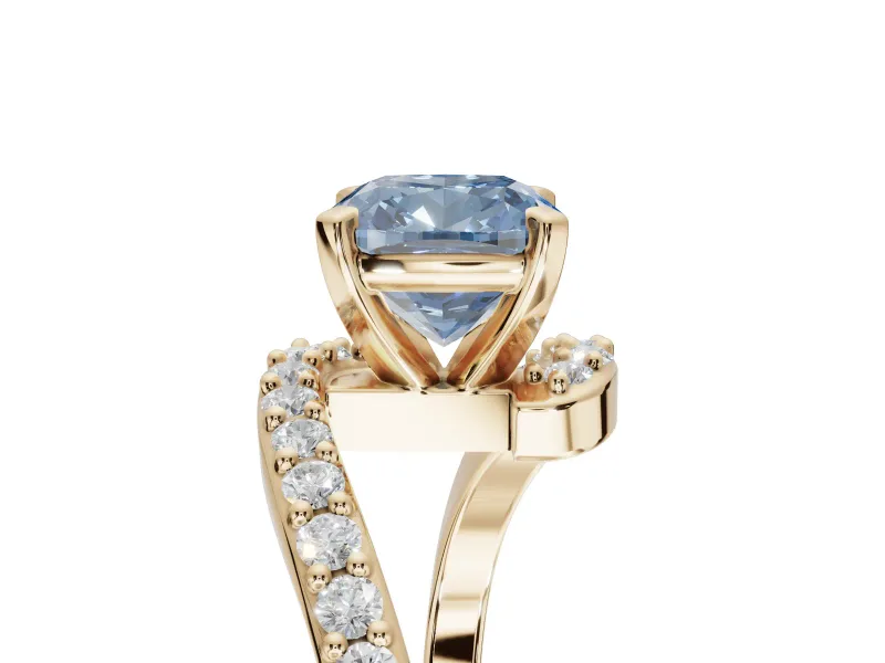 Cushion Cut Bypass Pavé Engagement Ring Setting for a Fancy Blue Lab-Grown Diamond | Yellow Gold