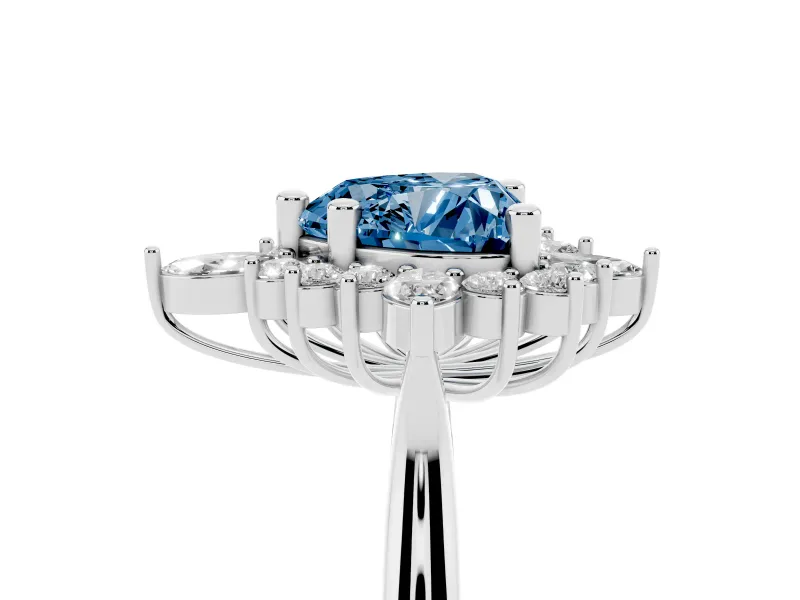 Fancy Blue Heart Cut Diamond Cluster Halo Ring Set in Silver with Marquise and Round Accents