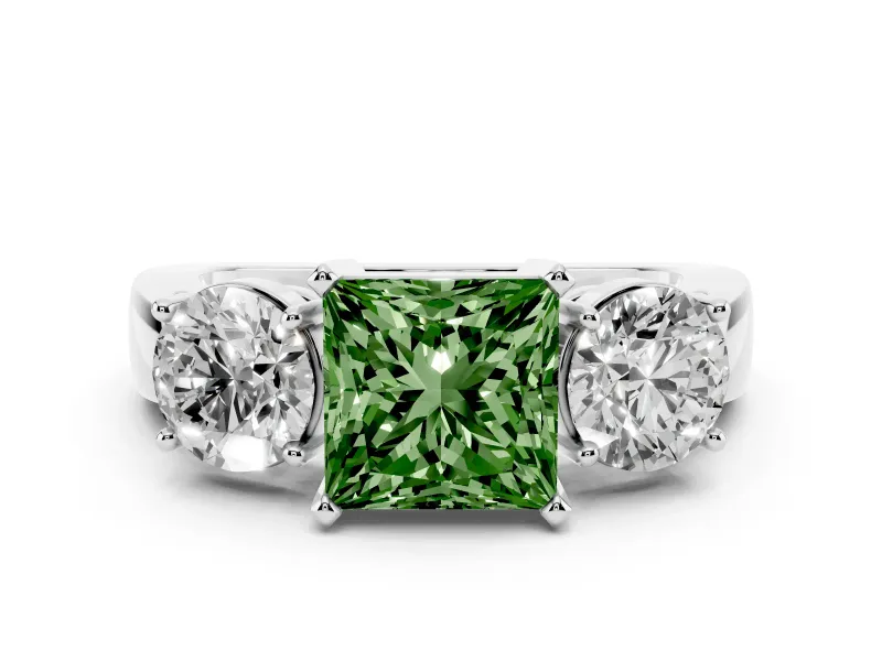 Fancy Green Princess Cut Diamond Three-Stone Ring Set in Platinum with Round Side Stones and Classic Band