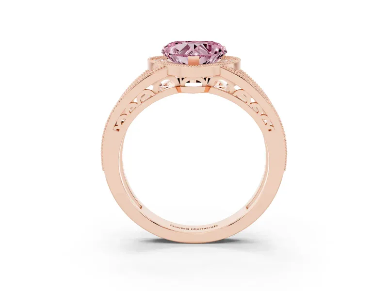 Fancy Pink Heart Cut Diamond Halo Ring Set in Rose gold with Accent Split Shank and Prong Setting