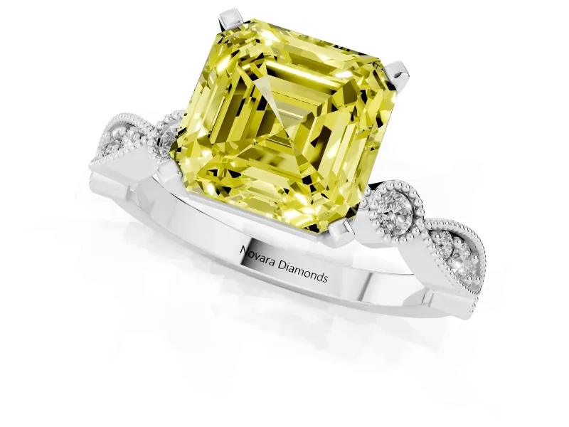 Fancy Yellow Asscher Cut Diamond Solitaire Engagement Ring Set in Silver with Milgrain Bezel Accent Band