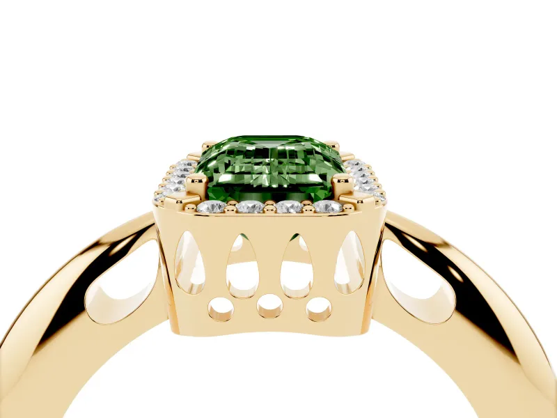 Fancy Green Emerald Cut Diamond Halo Engagement Ring Set in Yellow gold with Plain Split Shank and Prong Setting