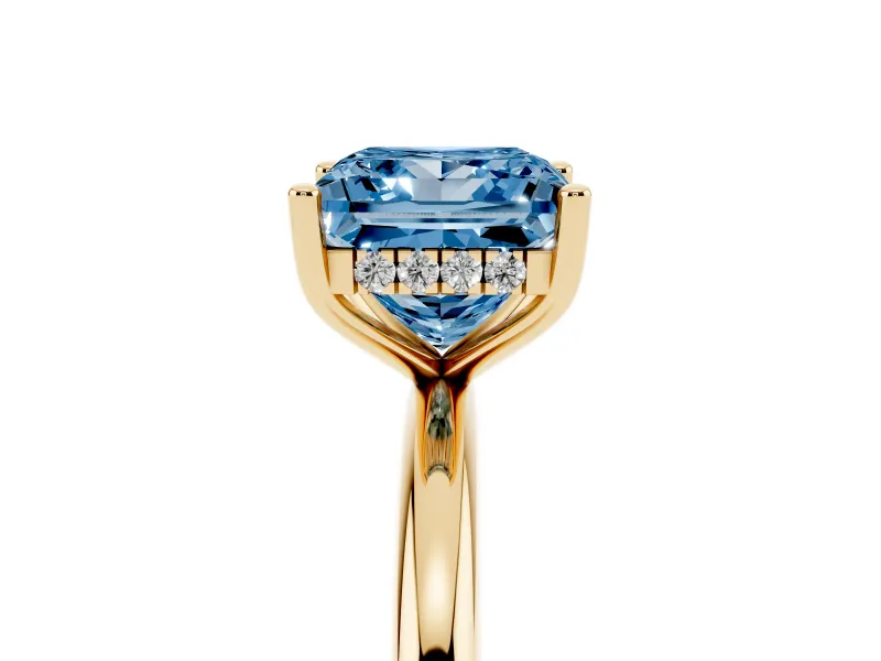 Fancy Blue Princess Cut Diamond Solitaire Engagement Ring Set in Yellow gold with Prong Setting and Polished Band