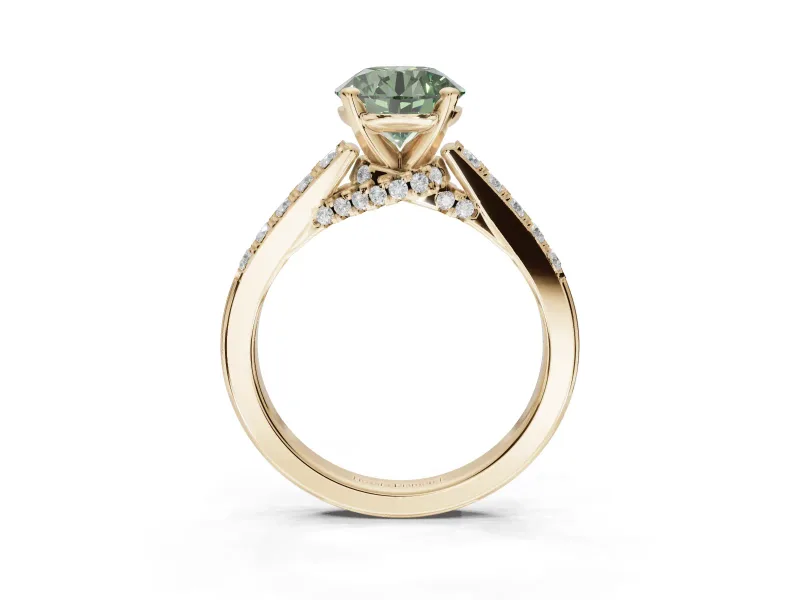 Round Pavé Solitaire Engagement Ring Setting for a Fancy Green Lab-Grown Diamond | Crossover Gallery | Yellow Gold