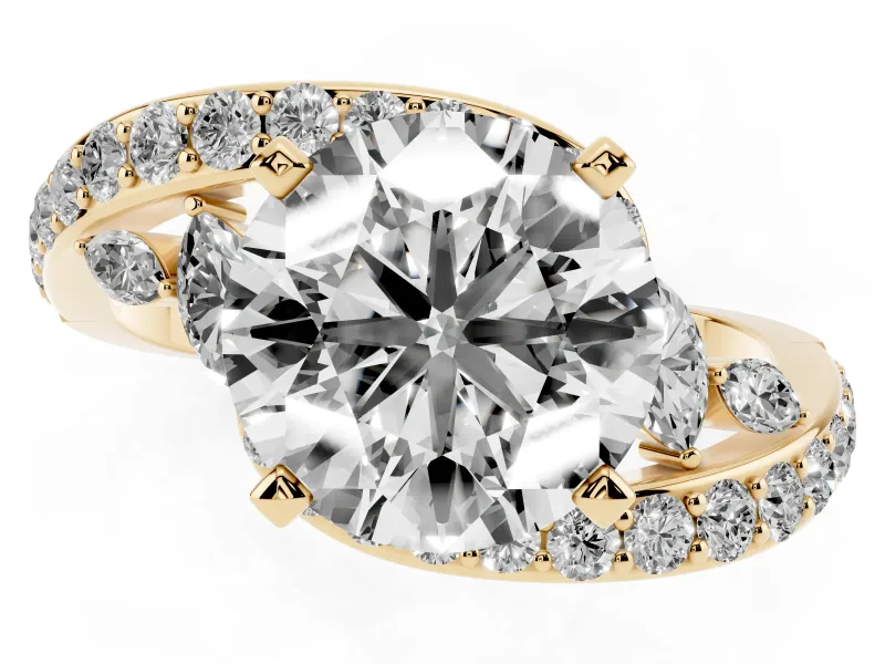 Round Bypass Pavé Engagement Ring Setting | Marquise Accents | Yellow Gold