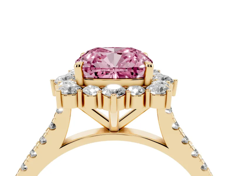 Cushion Cut Scalloped Halo Engagement Ring Setting for a Fancy Pink Lab-Grown Diamond | Single Row Pave | Yellow Gold