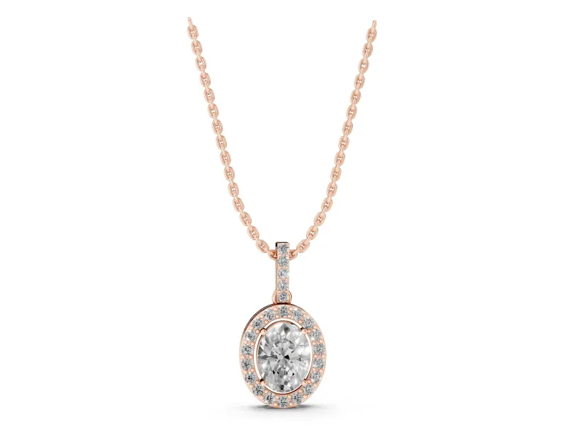 Oval Lab-Grown Diamond Halo Pendant Necklace | Pavé Bail | Rose Gold