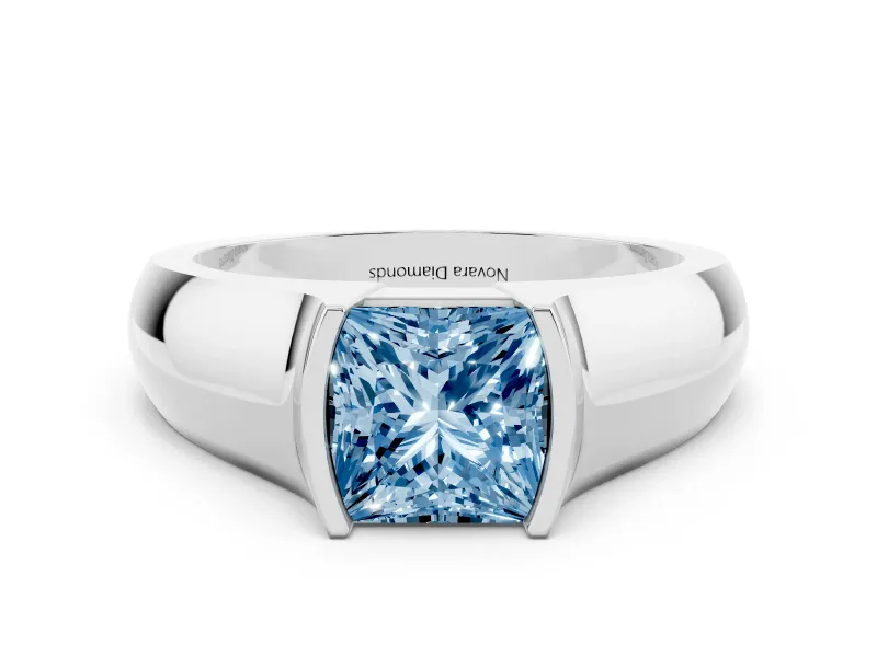Fancy Blue Princess Cut Diamond Bezel Solitaire Ring Set in White gold with Wide Band