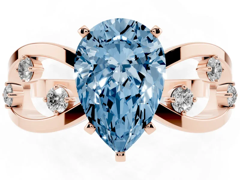 Fancy Blue Pear Cut Diamond Solitaire Ring Set in Rose gold with Side Stones on Criss-Cross Band and Prong Setting