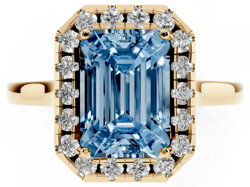 Emerald Cut Halo Engagement Ring Setting for a Fancy Blue Lab-Grown Diamond | Flat Tapered Band | Yellow Gold