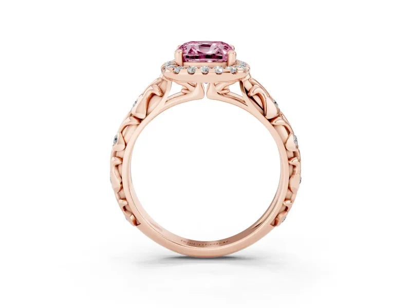 Cushion Cut Leaf Halo Engagement Ring Setting for a Fancy Pink Lab-Grown Diamond | Bezel Accents | Rose Gold