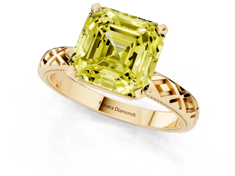 Fancy Yellow Asscher Cut Diamond Solitaire Ring Set in Yellow gold with Milgrain and Black Enamel X Pattern Band