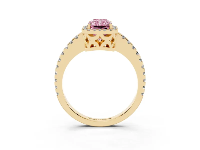 Radiant Cut Pave Halo Engagement Ring Setting for a Fancy Pink Lab-Grown Diamond | Yellow Gold