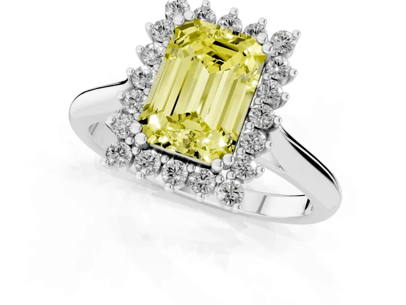 Emerald Cut Starburst Halo Engagement Ring Setting for a Fancy Yellow Lab-Grown Diamond | Platinum