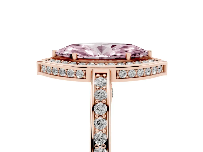 Fancy Pink Marquise Cut Diamond Halo Pavé Split Shank Ring Set in Rose gold with Prong Setting