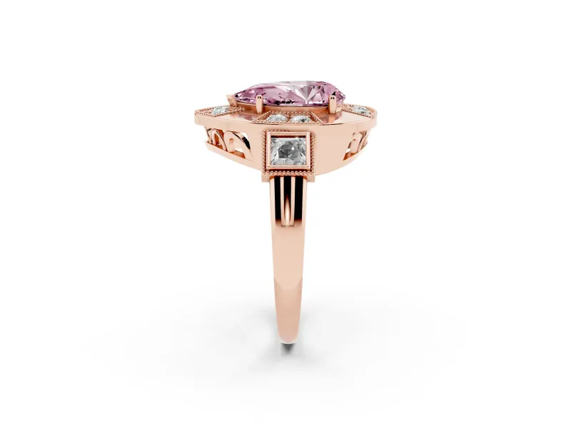 Fancy Pink Pear Cut Diamond Milgrain Halo Ring Set in Rose gold with Split Shank