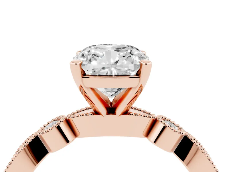 Cushion Cut Diamond Solitaire Engagement Ring Set in Rose gold with Milgrain Bezel Accent Band