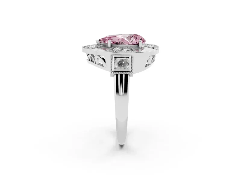 Fancy Pink Pear Cut Diamond Milgrain Halo Ring Set in Platinum with Split Shank