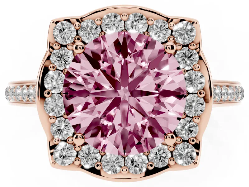 Round Halo Engagement Ring Setting for a Fancy Pink Lab-Grown Diamond | Petal Tips | Rose Gold
