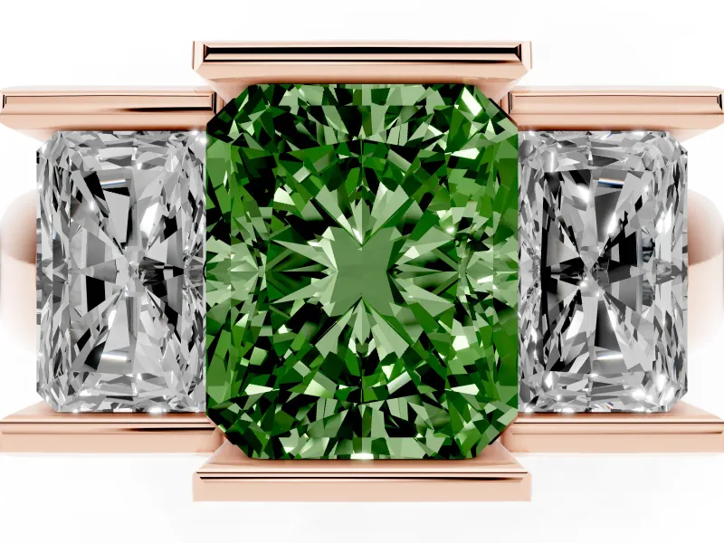 Radiant Cut Channel-Set Three Stone Engagement Ring Setting for a Fancy Green Lab-Grown Diamond | Rose Gold