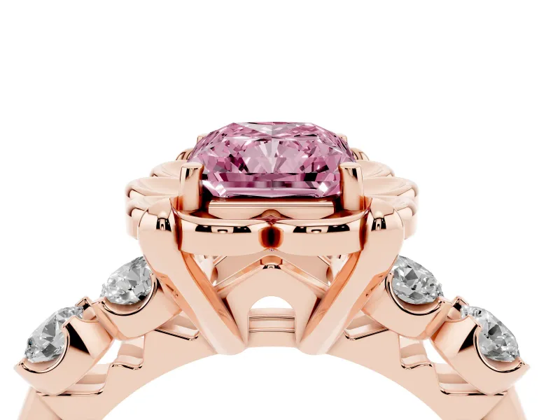 Fancy Pink Radiant Cut Diamond Floral Halo Ring Set in Rose gold with Shared Prong Band