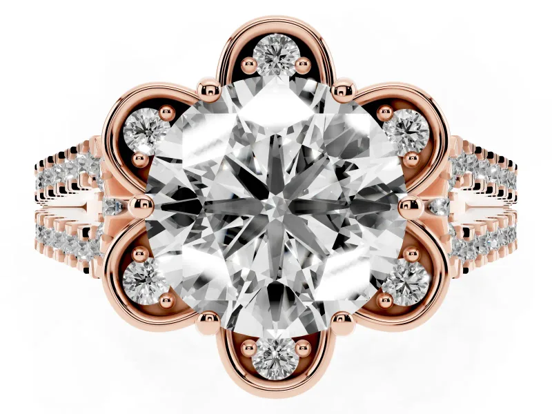 Round Petal Frame Floral Halo Engagement Ring Setting | Pavé Split Shank | Rose Gold