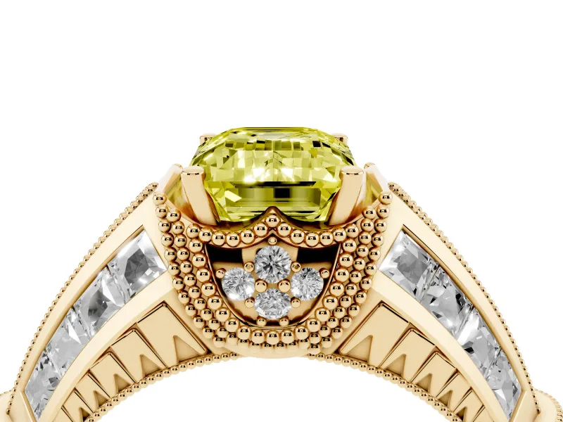 Emerald Cut Vintage Milgrain Engagement Ring Setting for a Fancy Yellow Lab-Grown Diamond | Hidden Halo | Yellow Gold