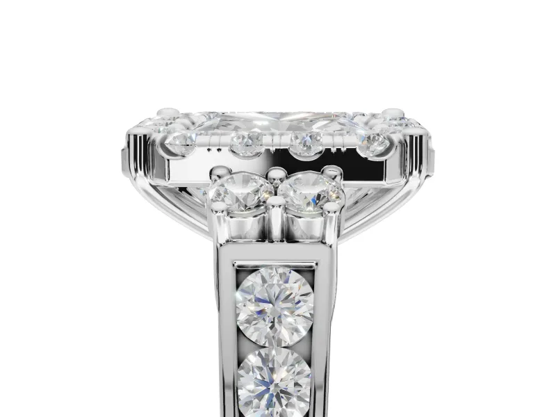 Radiant Cut Halo Side Cluster Engagement Ring Setting | Graduated Channel Band | Sterling Silver