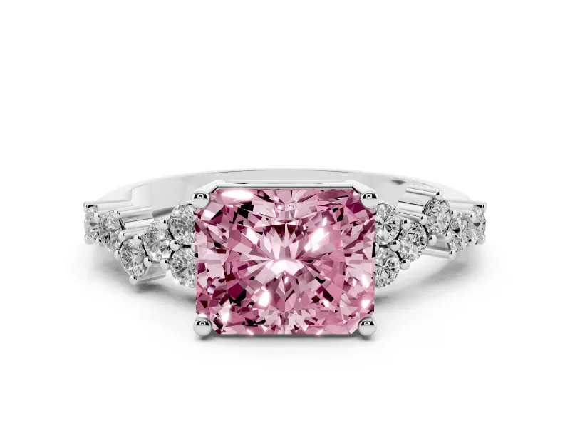 Fancy Pink Radiant Cut Diamond Ring Set in White gold with Scattered Round Accents