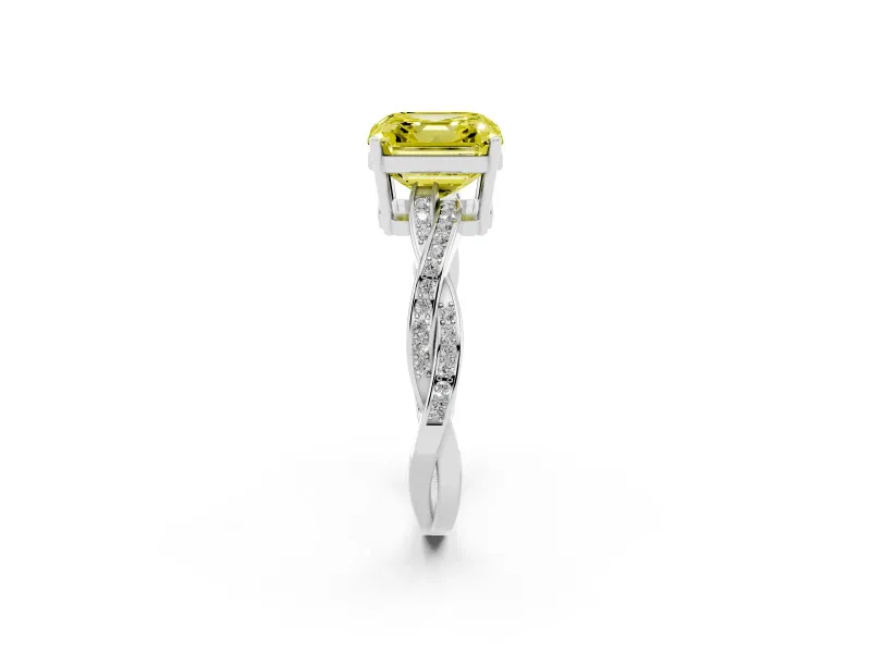 Fancy Yellow Asscher Cut Diamond Solitaire Twisted Pavé Ring Set in White gold with Prong Setting