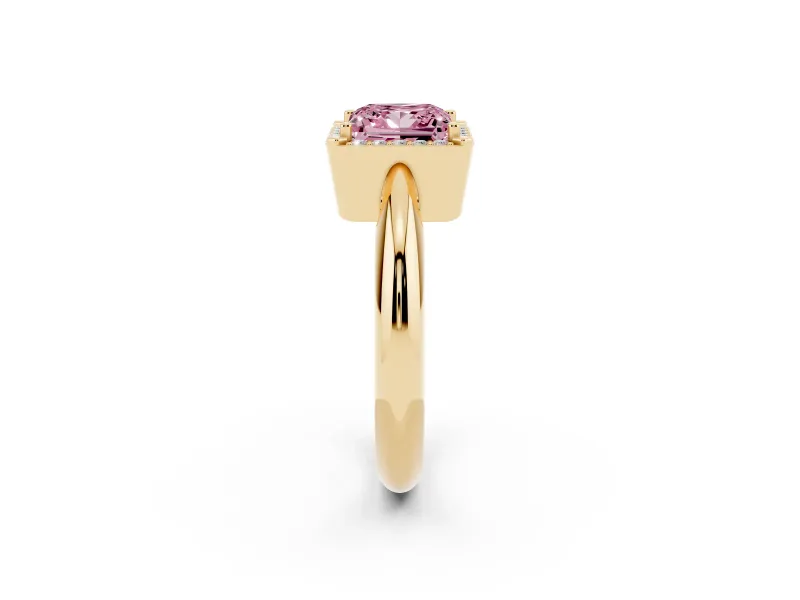 Fancy Pink Princess Cut Diamond Halo Engagement Ring Set in Yellow gold with Plain Split Shank and Prong Setting