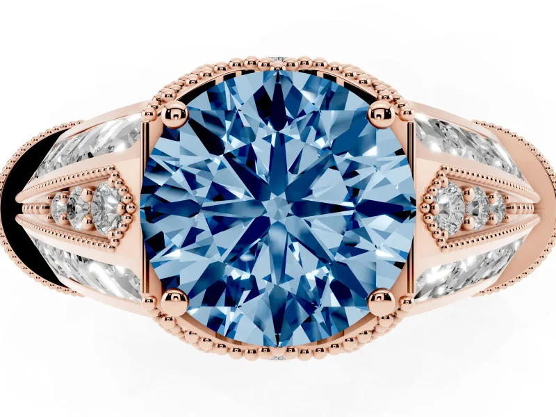 Fancy Blue Round Cut Diamond Vintage-Inspired Milgrain Ring Set in Rose gold with Accent Split Shank