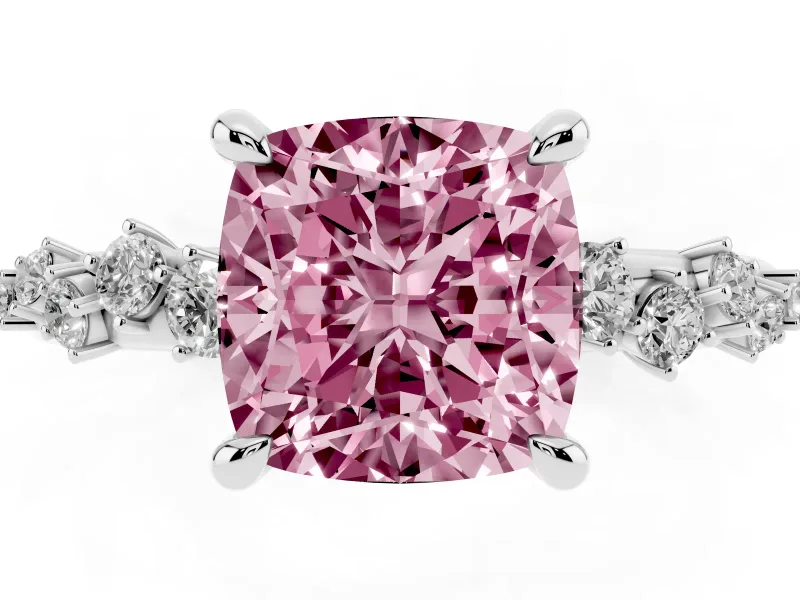 Fancy Pink Cushion Cut Diamond Solitaire Vine Band Ring Set in Silver with Round Accents and Prong Setting