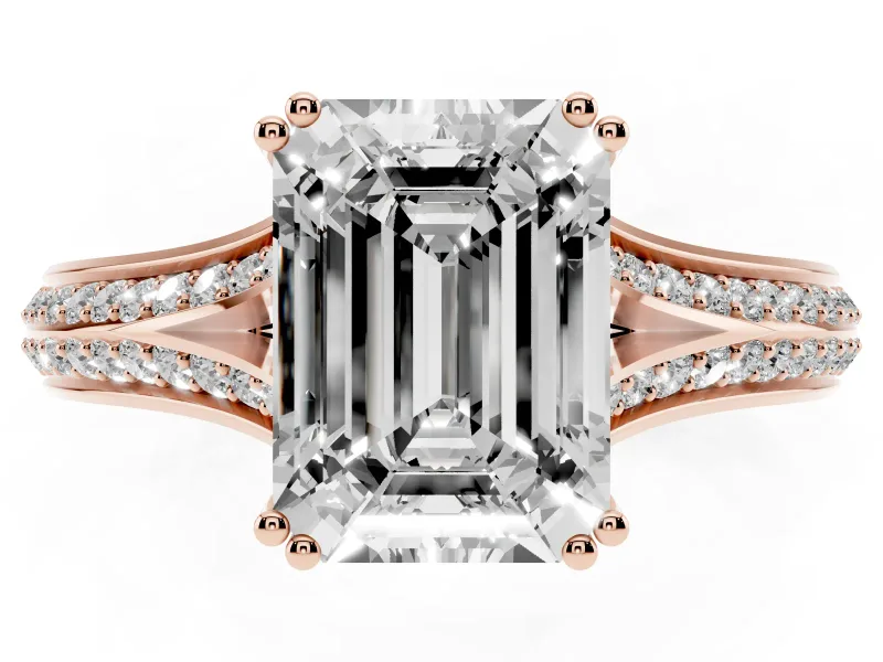 Emerald Cut Pave Split Shank Engagement Ring Setting | Double Claw Prongs | Rose Gold