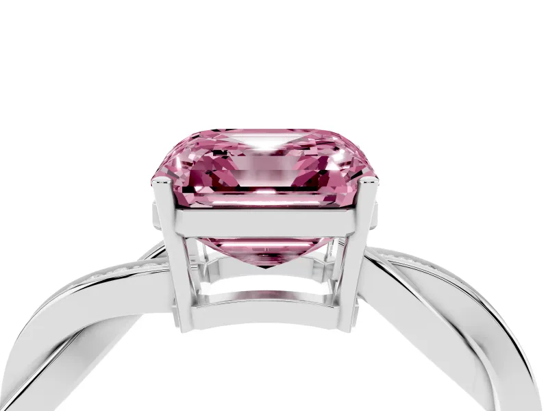 Fancy Pink Asscher Cut Diamond Solitaire Twisted Pavé Ring Set in Silver with Prong Setting