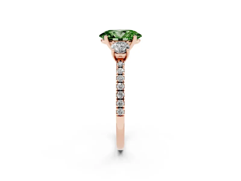 Fancy Green Oval Cut Diamond Three-Stone Ring Set in Rose gold with Pavé Band and Graduated Sides