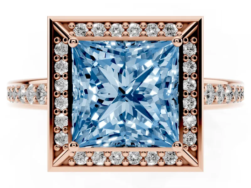Fancy Blue Princess Cut Diamond Halo Pavé Split Shank Ring Set in Rose gold with Prong Setting