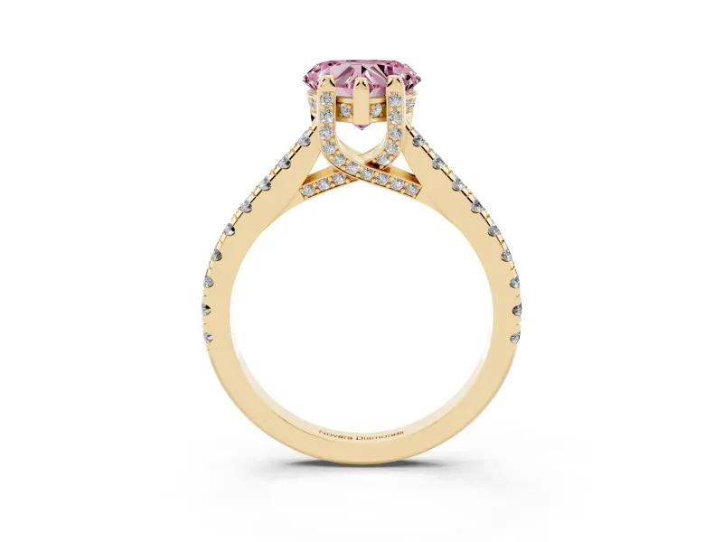 Heart-Shaped Hidden Halo Pave Engagement Ring Setting for a Fancy Pink Lab-Grown Diamond | Claw Prongs | Yellow Gold