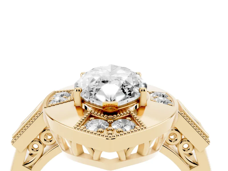 Marquise Cut Diamond Milgrain Halo Ring Set in Yellow gold with Split Shank