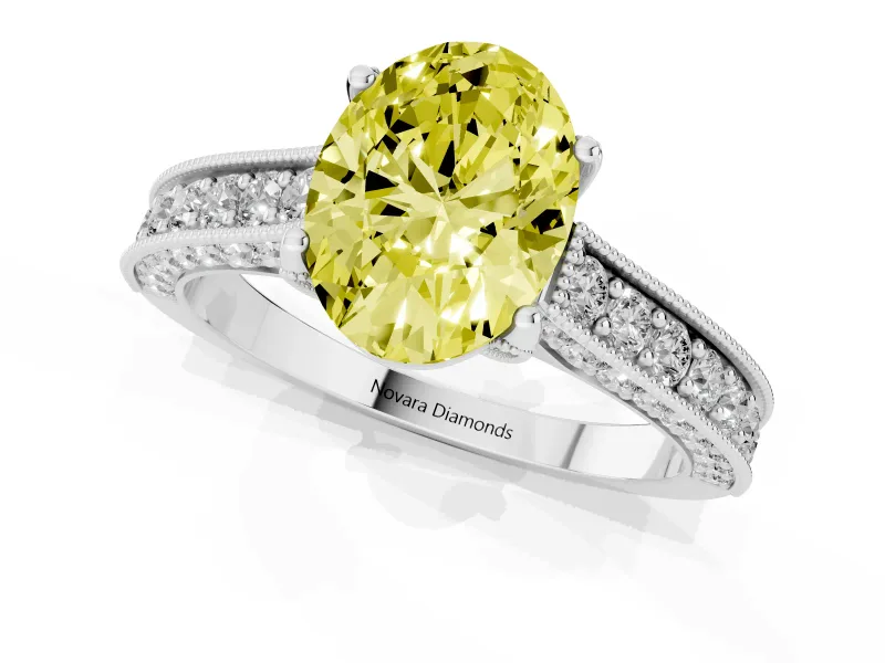 Oval Vintage Hidden Halo Engagement Ring Setting for a Fancy Yellow Lab-Grown Diamond | Milgrain Pave Band | White Gold